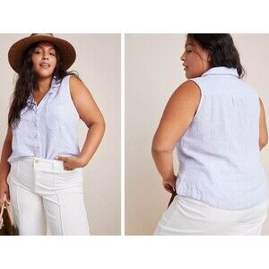 Anthropologie Maeve Linen Top Size 10 Blue White Sleeveless Felicity Collared